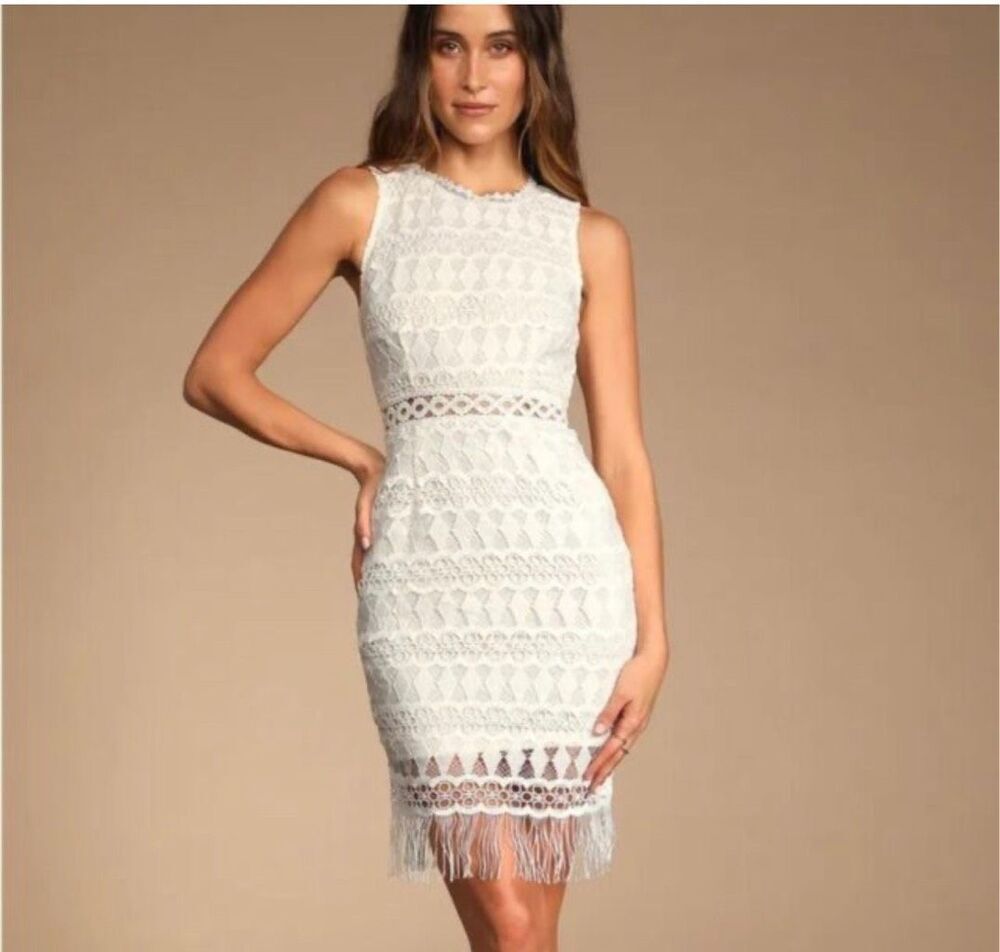 Lulus Kenna White Crochet Lace Sleeveless Bodycon Dress size Small